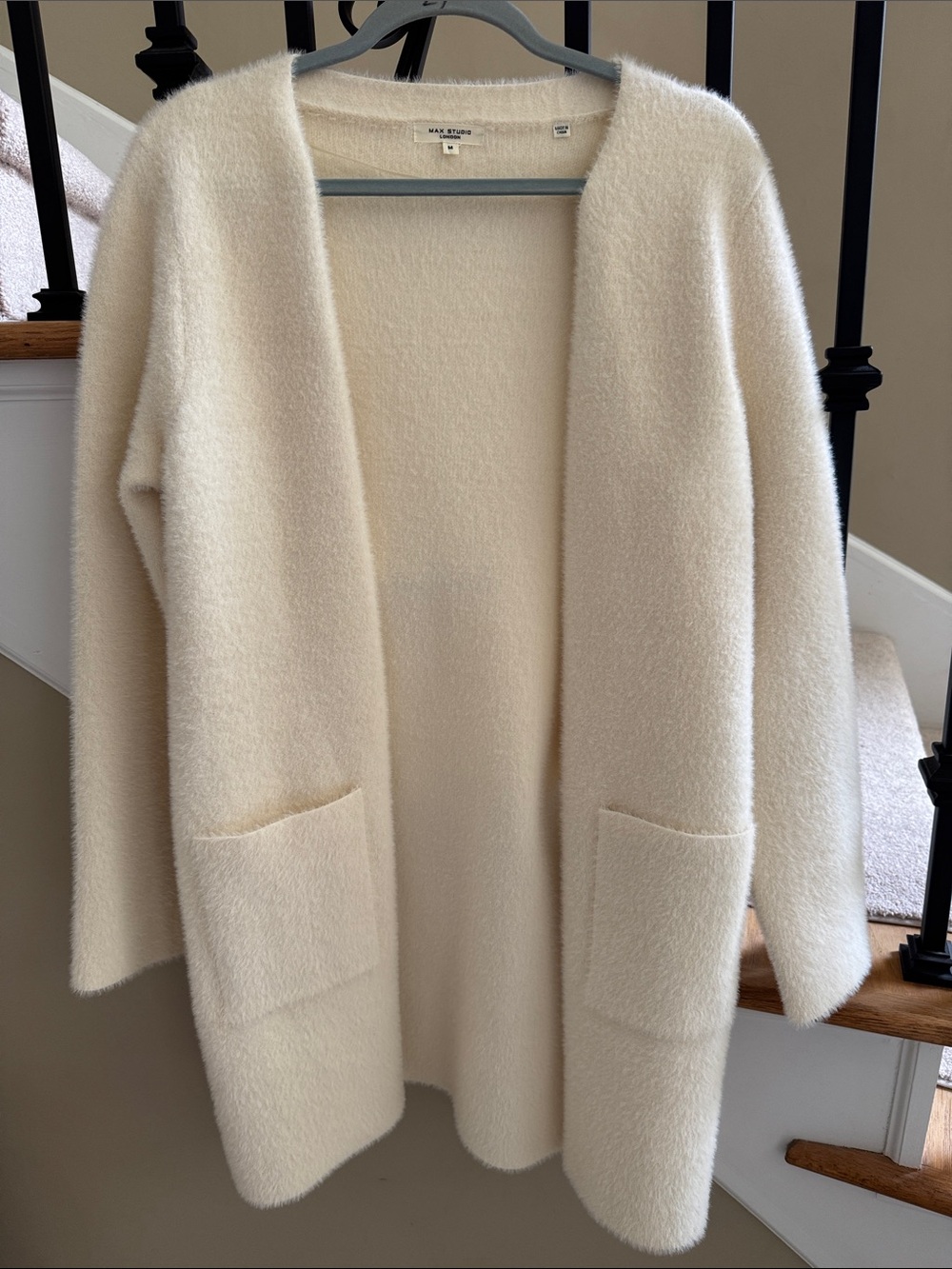 Max Studio Cream Open-Front Pocketed Fuzzy Cardigan